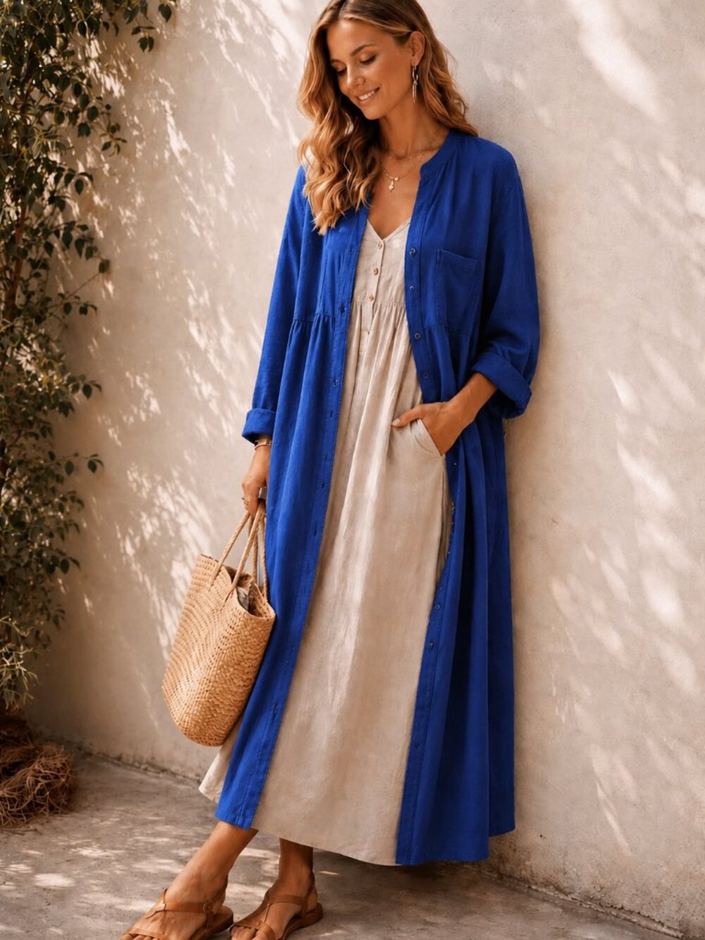 100% lyocell, Cobalt blue duster spring coat, denim look with contrast stitching